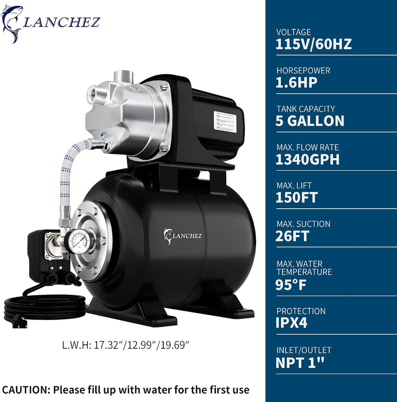 Lanchez 1.6HP Shallow Well Garden Pump, Stainless Steel Irrigation Pump, 1340 GPH, Automatic Water Booster Jet Pump for Home, Garden, Lawn,Irrigation, 115V, Glossy black