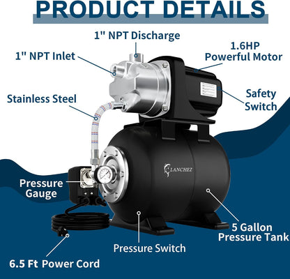 Lanchez 1.6HP Shallow Well Garden Pump, Stainless Steel Irrigation Pump, 1340 GPH, Automatic Water Booster Jet Pump for Home, Garden, Lawn,Irrigation, 115V, Matte black