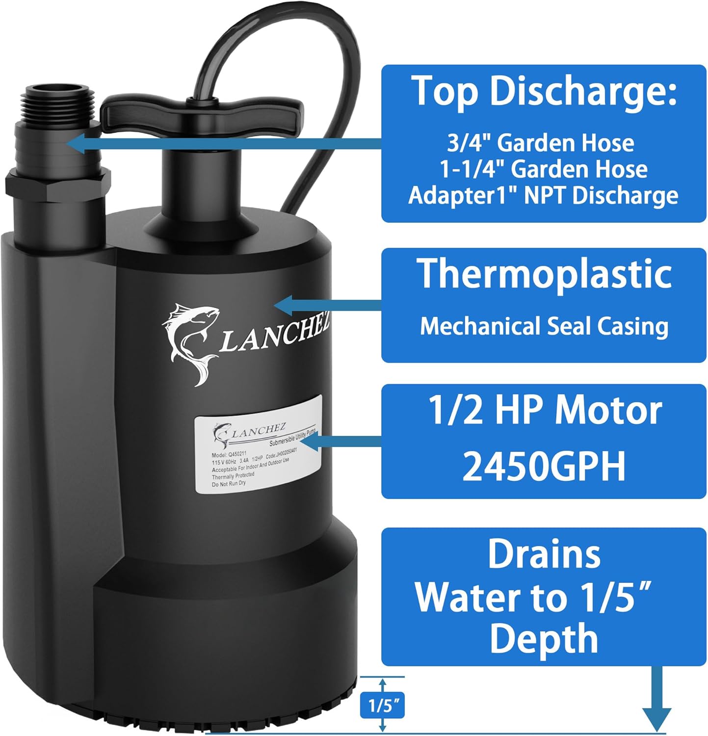 Lanchez Sump Pump, 1/2 HP 2450GPH Submersible Water Pump, Utility Pump Thermoplastic Portable Electric Transfer Pump for Hot Tub Swimming Pool Basement Garden Pond Tubs Draining with 10FT Cord
