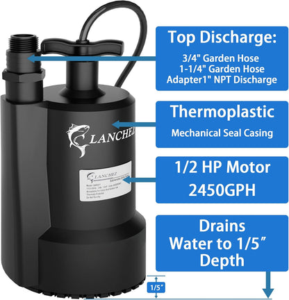 Lanchez Sump Pump, 1/2 HP 2450GPH Submersible Water Pump, Utility Pump Thermoplastic Portable Electric Transfer Pump for Hot Tub Swimming Pool Basement Garden Pond Tubs Draining with 10FT Cord
