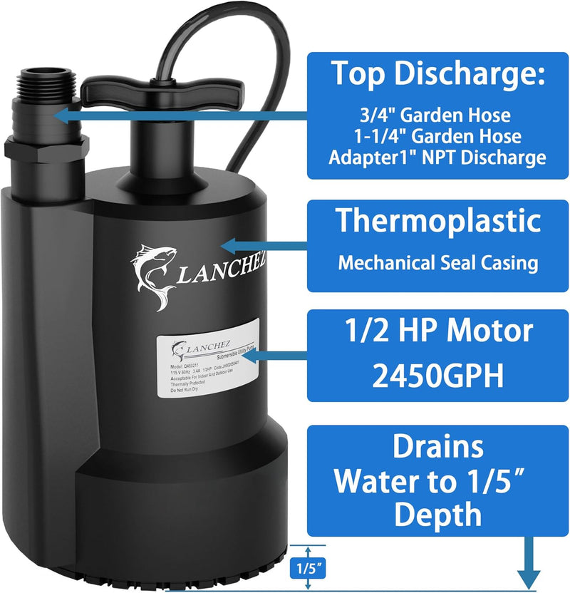 Lanchez Sump Pump, 1/2 HP 2450GPH Submersible Water Pump, Utility Pump Thermoplastic Portable Electric Transfer Pump for Hot Tub Swimming Pool Basement Garden Pond Tubs Draining with 10FT Cord