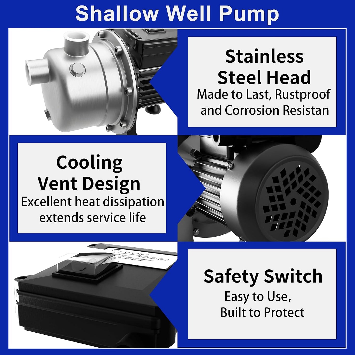 LANCHEZ 1/2 HP Shallow Well Pump, 960 GPH Stainless Steel Water Transfer Pump, 115V Garden Irrigation Pump, Water Booster Jet Pump for Home Garden Lawn Farm, Black