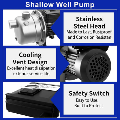 LANCHEZ 1/2 HP Shallow Well Pump, 960 GPH Stainless Steel Water Transfer Pump, 115V Garden Irrigation Pump, Water Booster Jet Pump for Home Garden Lawn Farm, Black