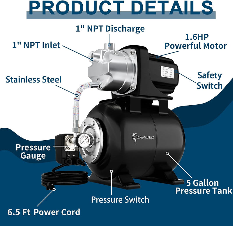 Lanchez 1.6HP Shallow Well Garden Pump, Stainless Steel Irrigation Pump, 1340 GPH, Automatic Water Booster Jet Pump for Home, Garden, Lawn,Irrigation, 115V, Glossy black