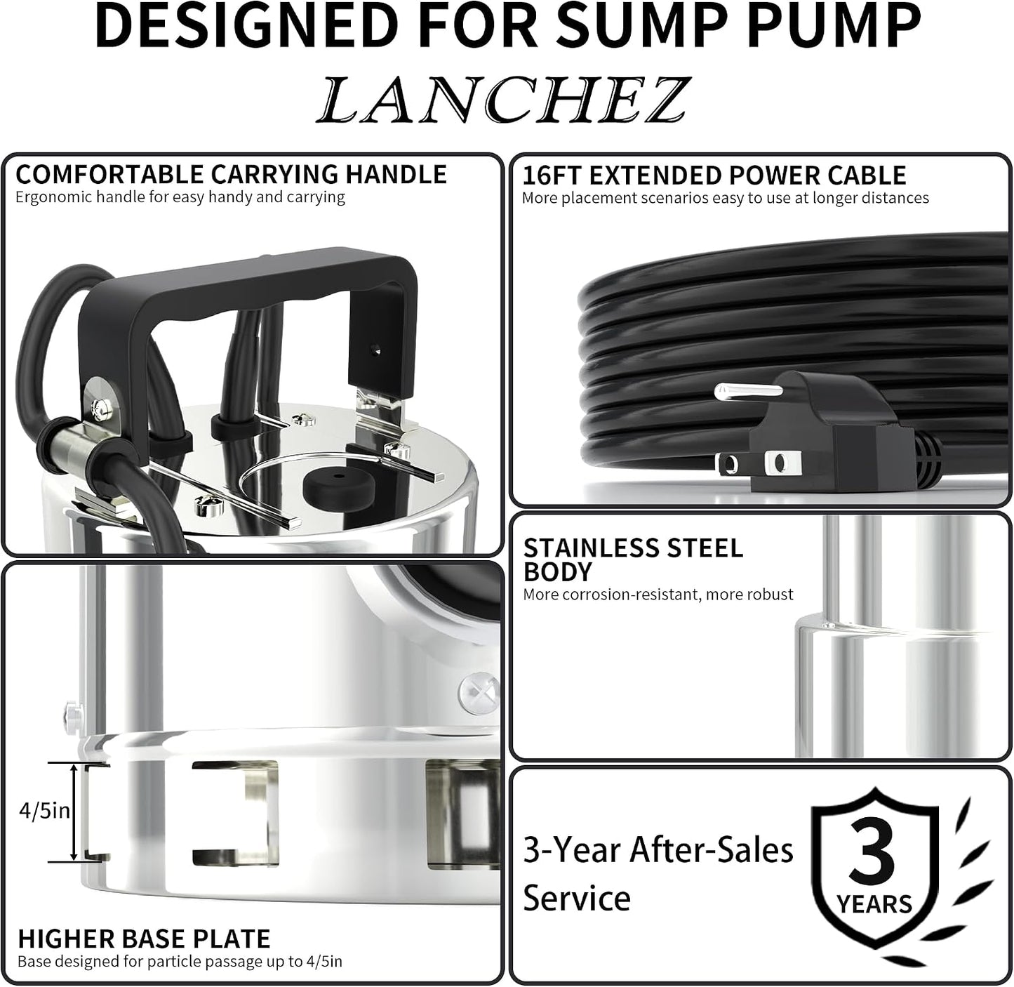 LANCHEZ Sump Pump, 1.6HP High Flow Submersible Water Pump with Float Switch, 6000GPH Automatic Transfer Utility Pump Pump for Swimming Pool Basement Flooded Pit Sewage Sink Tub, Stainless Steel Large