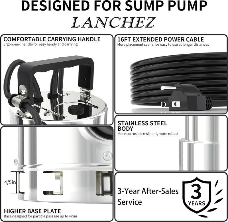 LANCHEZ Sump Pump, 1.6HP High Flow Submersible Water Pump with Float Switch, 6000GPH Automatic Transfer Utility Pump Pump for Swimming Pool Basement Flooded Pit Sewage Sink Tub, Stainless Steel Large
