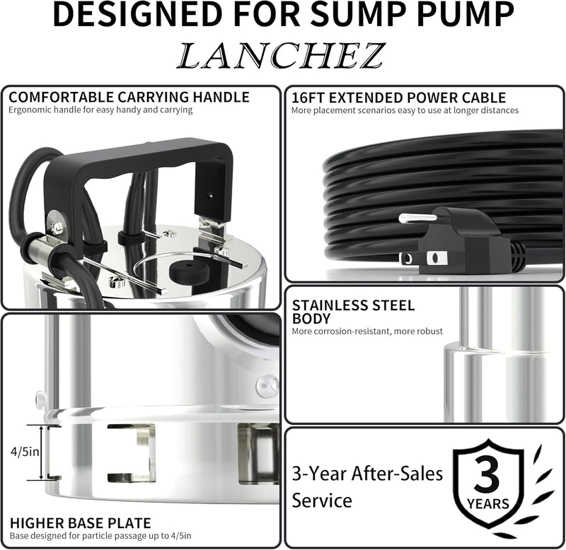 LANCHEZ Sump Pump, 1.6HP High Flow Submersible Water Pump with Float Switch, 6000GPH Automatic Transfer Utility Pump Pump for Swimming Pool Basement Flooded Pit Sewage Sink Tub, Stainless Steel Large