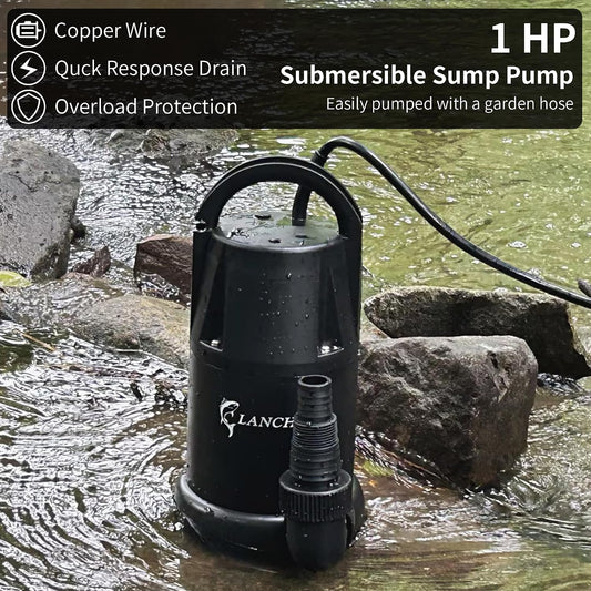 LANCHEZ Sump Pump 1 HP 4700 GPH Submersible Water Pump Thermoplastic Portable Utility Pump High Flow Water Removal for Swimming Pool Garden Pond Basement Window Wells with 25FT Long Power Cord