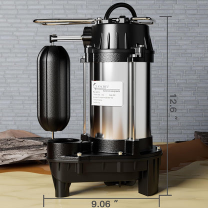 LANCHEZ 1/2 HP 5200 GPH Submersible Sump Pump Cast Iron and Stainless Steel with Integrated Vertical Float Switch, Sewage/Effluent Pump for Basement, Basin, Sewage System, 1-1/2" NPT Discharge