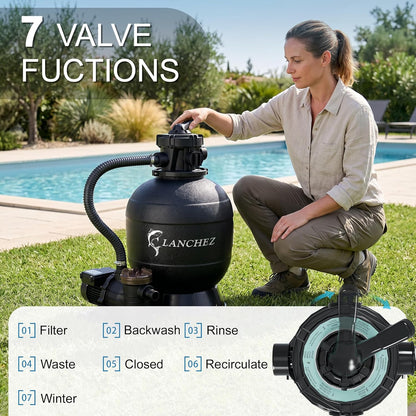 LANCHEZ Sand Filter Pump for Above Ground Pool, Pool Pumps Above Ground, Pool Sand Filter with 7-Way Valve, 13in(3,500GPH)