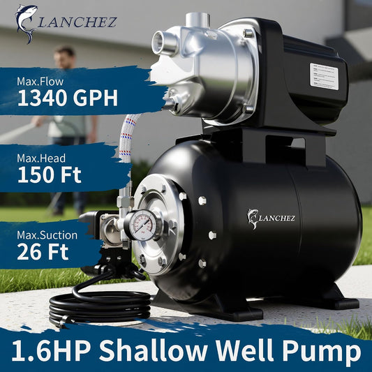 Lanchez 1.6HP Shallow Well Garden Pump, Stainless Steel Irrigation Pump, 1340 GPH, Automatic Water Booster Jet Pump for Home, Garden, Lawn,Irrigation, 115V, Glossy black