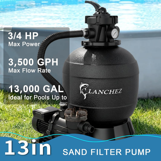 LANCHEZ Sand Filter Pump for Above Ground Pool, Pool Pumps Above Ground, Pool Sand Filter with 7-Way Valve, 13in(3,500GPH)