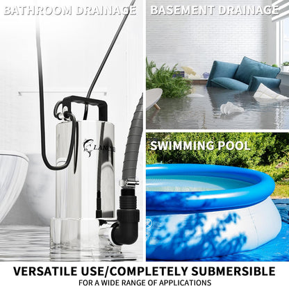 LANCHEZ Sump Pump, 1.6HP High Flow Submersible Water Pump with Float Switch, 6000GPH Automatic Transfer Utility Pump Pump for Swimming Pool Basement Flooded Pit Sewage Sink Tub, Stainless Steel Large