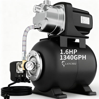Lanchez 1.6HP Shallow Well Garden Pump, Stainless Steel Irrigation Pump, 1340 GPH, Automatic Water Booster Jet Pump for Home, Garden, Lawn,Irrigation, 115V, Glossy black