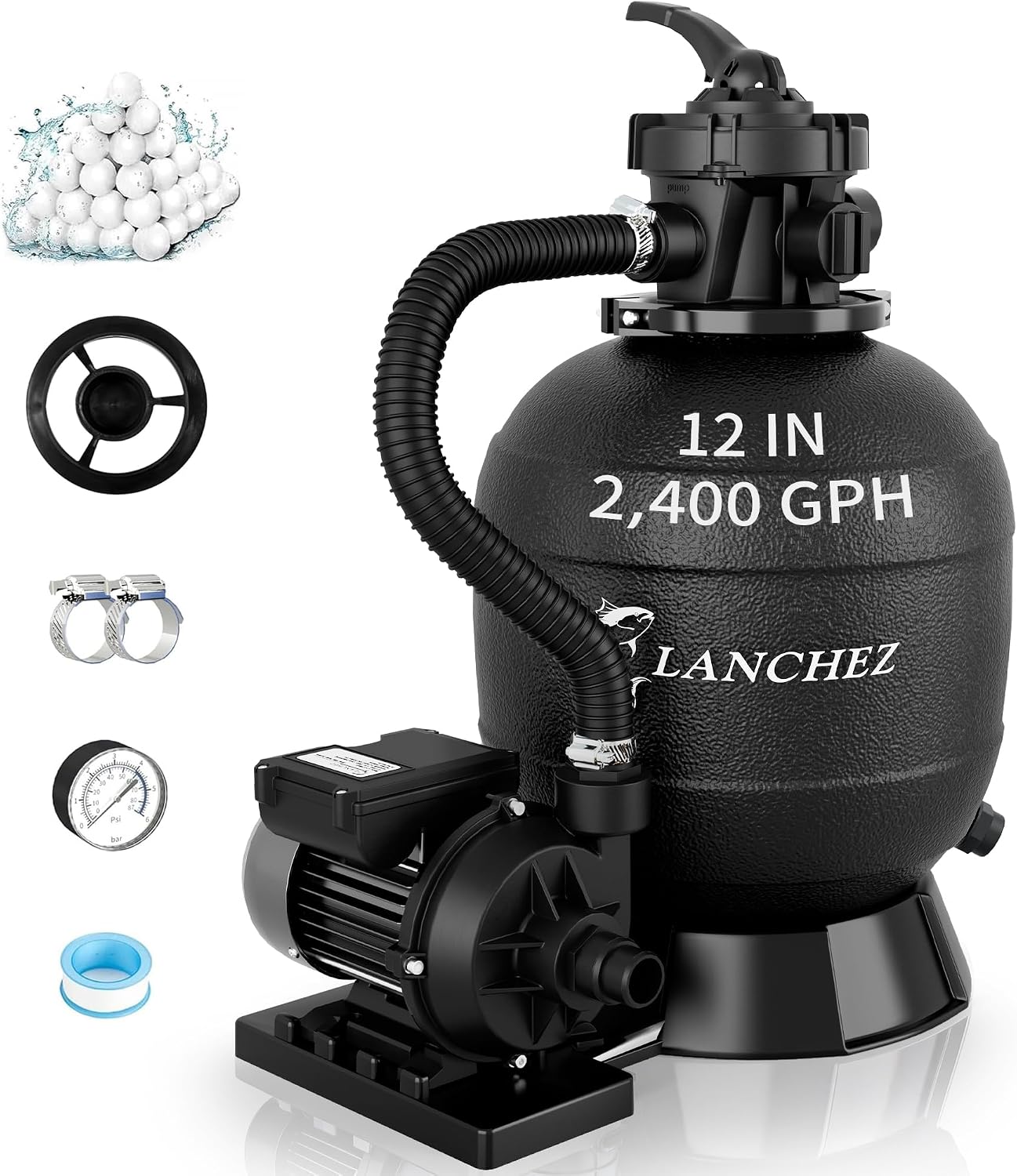 LANCHEZ Sand Filter Pump for Above Ground Pool, Pool Pumps Above Ground, Pool Sand Filter with 7-Way Valve, 12in(2,400GPH)