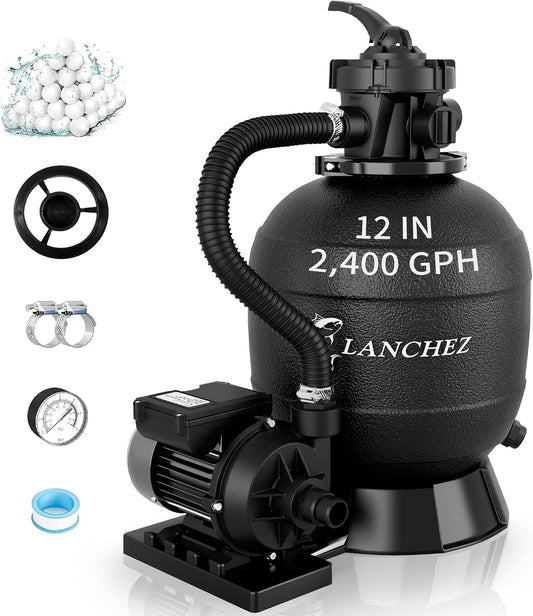 LANCHEZ Sand Filter Pump for Above Ground Pool, Pool Pumps Above Ground, Pool Sand Filter with 7-Way Valve, 12in(2,400GPH)