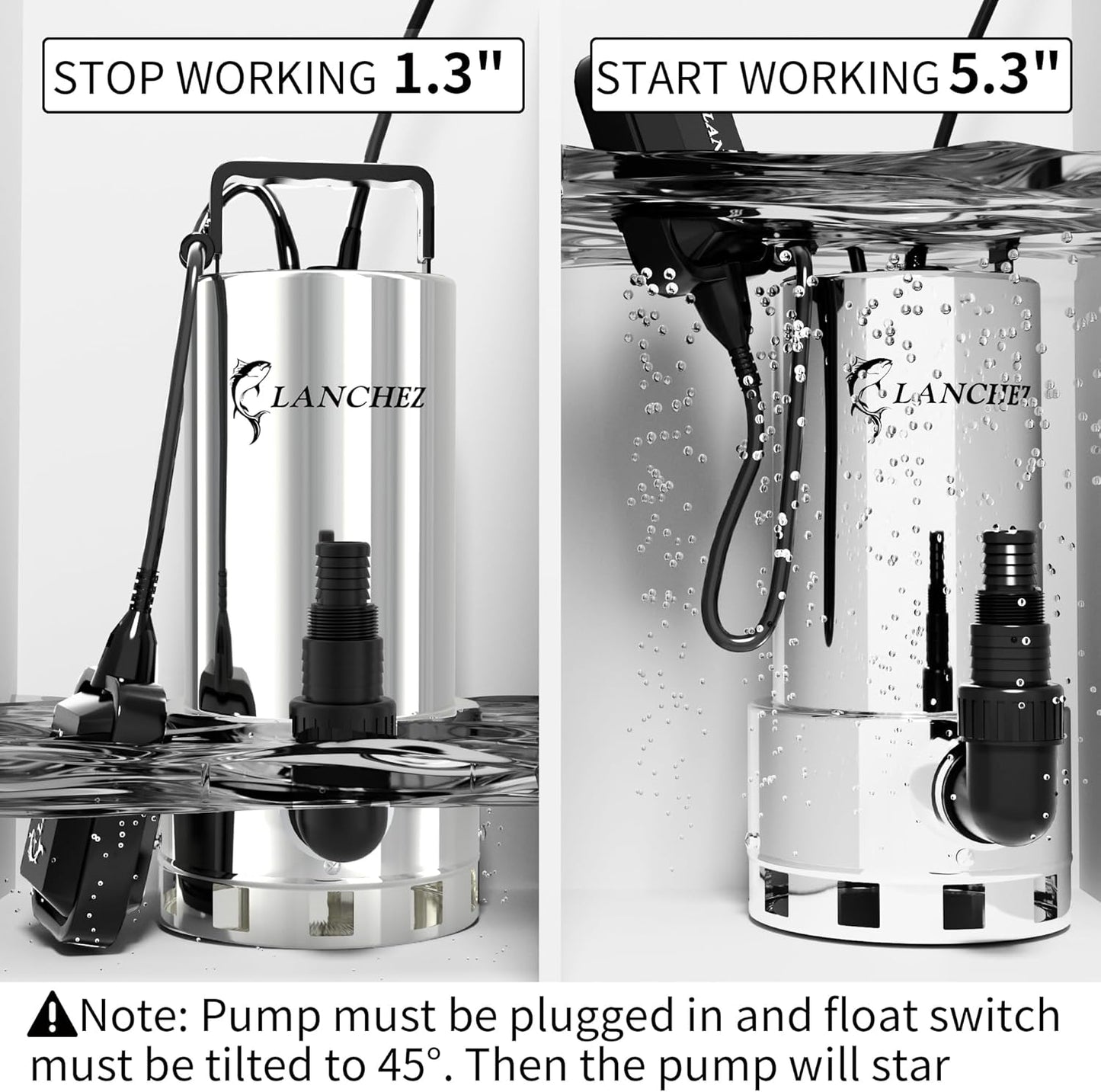 LANCHEZ Sump Pump, 1.6HP High Flow Submersible Water Pump with Float Switch, 6000GPH Automatic Transfer Utility Pump Pump for Swimming Pool Basement Flooded Pit Sewage Sink Tub, Stainless Steel Large