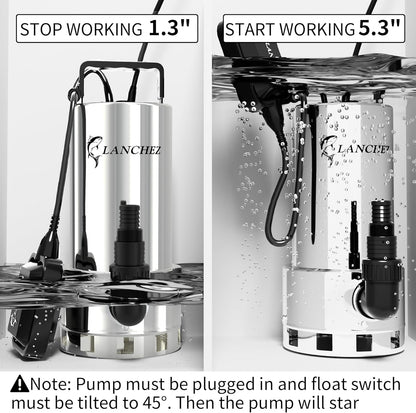 LANCHEZ Sump Pump, 1.6HP High Flow Submersible Water Pump with Float Switch, 6000GPH Automatic Transfer Utility Pump Pump for Swimming Pool Basement Flooded Pit Sewage Sink Tub, Stainless Steel Large