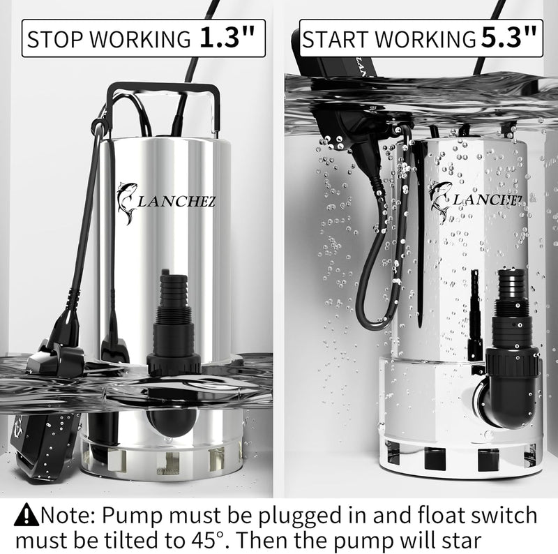 LANCHEZ Sump Pump, 1.6HP High Flow Submersible Water Pump with Float Switch, 6000GPH Automatic Transfer Utility Pump Pump for Swimming Pool Basement Flooded Pit Sewage Sink Tub, Stainless Steel Large