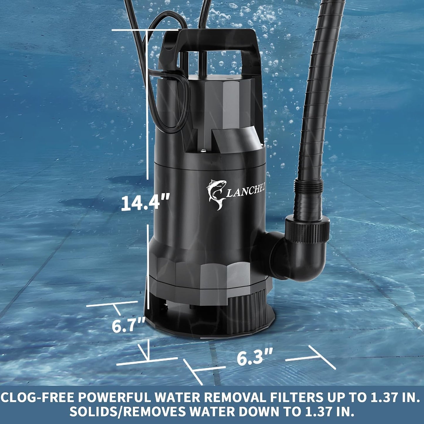 LANCHEZ Sump Pump, 1.6HP High Flow Submersible Water Pump with Float Switch, 6000GPH Automatic Transfer Utility Pump Pump for Swimming Pool Basement Flooded Pit Sewage Sink Tub, Medium