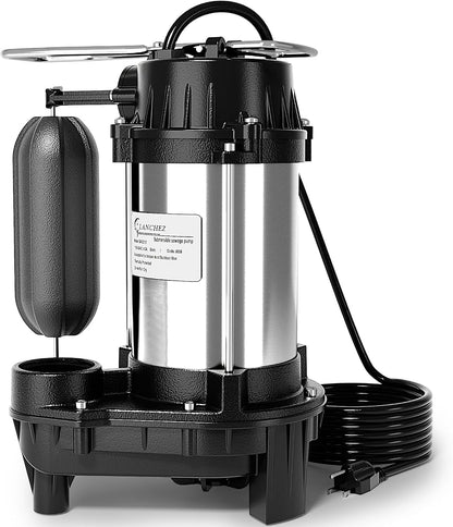 LANCHEZ 1/2 HP 5200 GPH Submersible Sump Pump Cast Iron and Stainless Steel with Integrated Vertical Float Switch, Sewage/Effluent Pump for Basement, Basin, Sewage System, 1-1/2" NPT Discharge