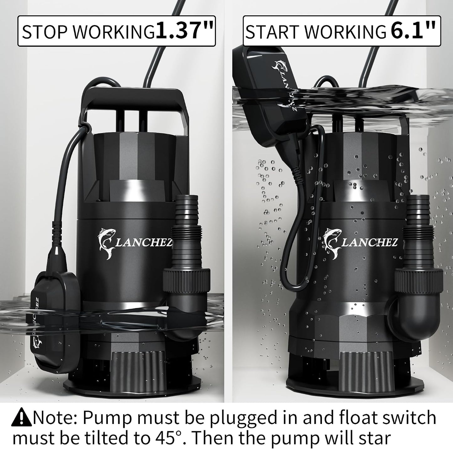 LANCHEZ Sump Pump, 1.6HP High Flow Submersible Water Pump with Float Switch, 6000GPH Automatic Transfer Utility Pump Pump for Swimming Pool Basement Flooded Pit Sewage Sink Tub, Medium