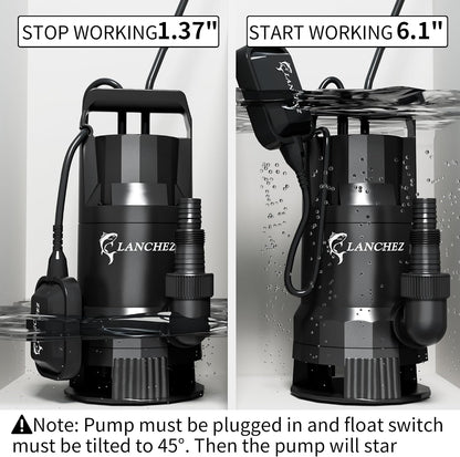 LANCHEZ Sump Pump, 1.6HP High Flow Submersible Water Pump with Float Switch, 6000GPH Automatic Transfer Utility Pump Pump for Swimming Pool Basement Flooded Pit Sewage Sink Tub, Medium