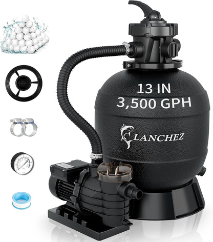 LANCHEZ Sand Filter Pump for Above Ground Pool, Pool Pumps Above Ground, Pool Sand Filter with 7-Way Valve, 13in(3,500GPH)