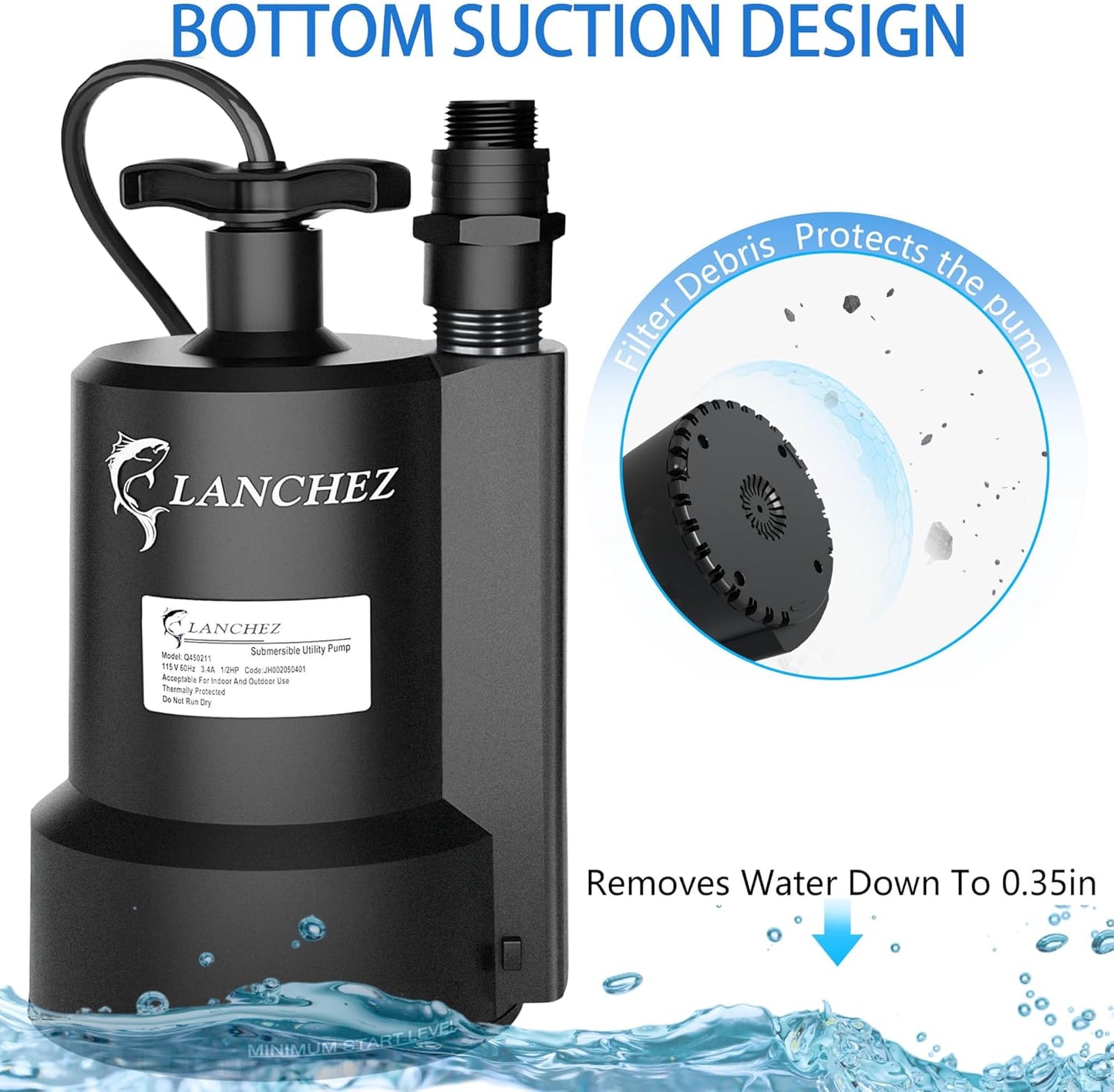 Lanchez Sump Pump, 1/2 HP 2450GPH Submersible Water Pump, Utility Pump Thermoplastic Portable Electric Transfer Pump for Hot Tub Swimming Pool Basement Garden Pond Tubs Draining with 10FT Cord