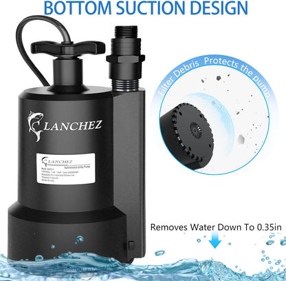 Lanchez Sump Pump, 1/2 HP 2450GPH Submersible Water Pump, Utility Pump Thermoplastic Portable Electric Transfer Pump for Hot Tub Swimming Pool Basement Garden Pond Tubs Draining with 10FT Cord