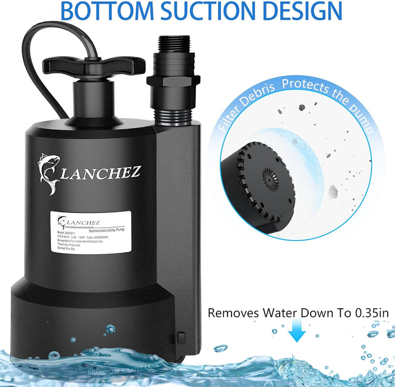 Lanchez Sump Pump, 1/2 HP 2450GPH Submersible Water Pump, Utility Pump Thermoplastic Portable Electric Transfer Pump for Hot Tub Swimming Pool Basement Garden Pond Tubs Draining with 10FT Cord