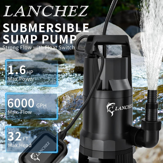 LANCHEZ Sump Pump, 1.6HP High Flow Submersible Water Pump with Float Switch, 6000GPH Automatic Transfer Utility Pump Pump for Swimming Pool Basement Flooded Pit Sewage Sink Tub, Medium