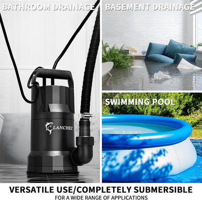 LANCHEZ Sump Pump, 1.6HP High Flow Submersible Water Pump with Float Switch, 6000GPH Automatic Transfer Utility Pump Pump for Swimming Pool Basement Flooded Pit Sewage Sink Tub, Medium