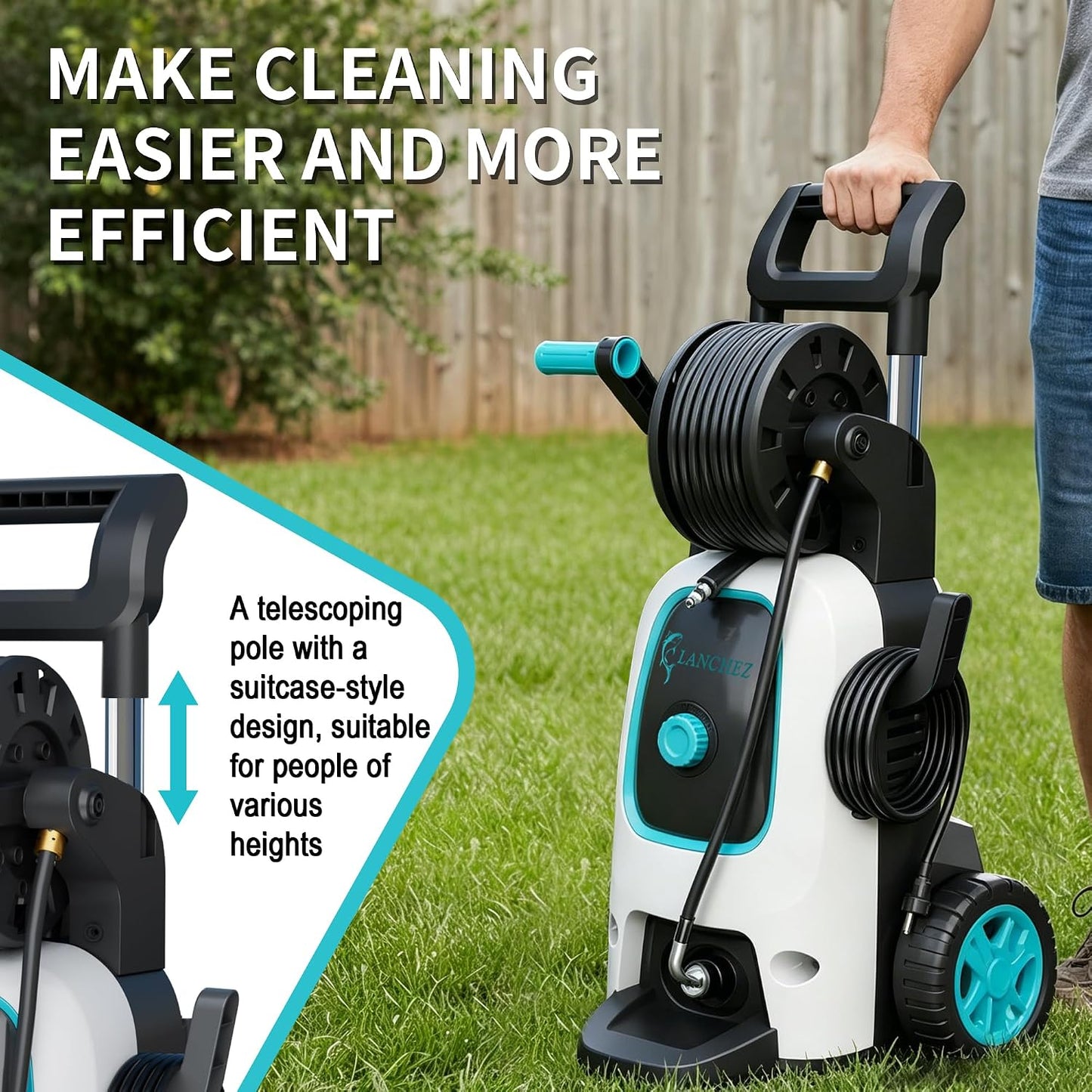 2026 Upgraded Pressure Washer 5000PSI with Luggage-Style Telescopic Handle, 4 Quick-Connect Nozzles, 500ML Soap Tank, Portable High-Power Cleaning Machine for Car, Fence, Driveway, Patio & Home,Blue
