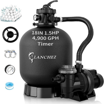 LANCHEZ Sand Filter Pump for Above Ground Pool, Pool Pumps Above Ground, Pool Sand Filter with 7-Way Valve, 12in(2,400GPH)