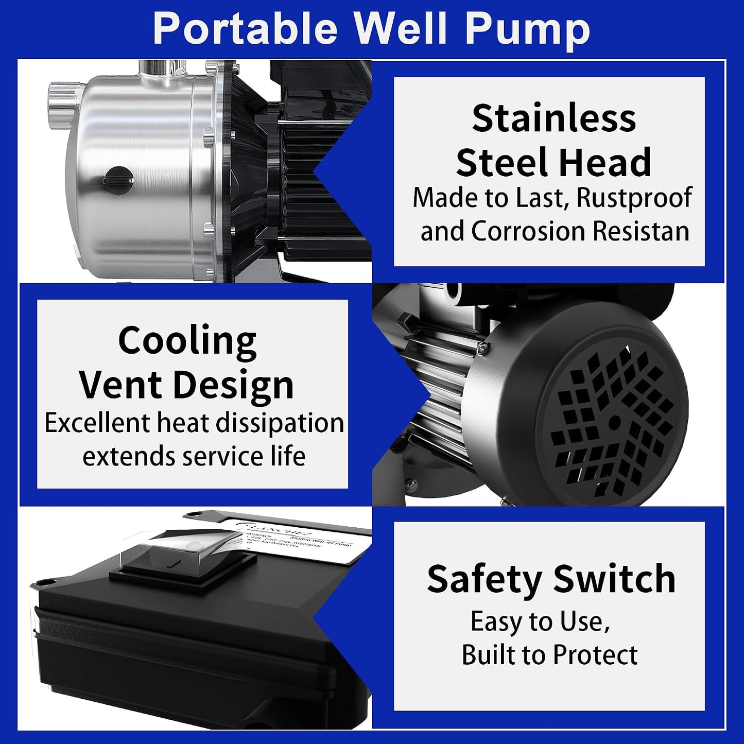 LANCHEZ 1.6 HP Shallow Well Pump, 1500 GPH Stainless Steel Water Transfer Pump, 115V Garden Irrigation Pump, Water Booster Jet Pump for Home Garden Lawn Farm, Silver
