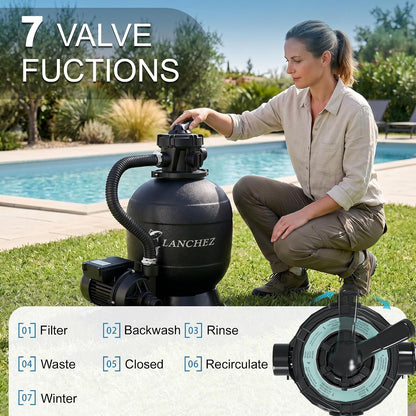 LANCHEZ Sand Filter Pump for Above Ground Pool, Pool Pumps Above Ground, Pool Sand Filter with 7-Way Valve, 12in(2,400GPH)