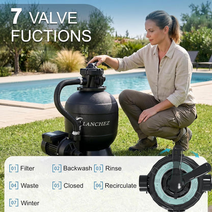 LANCHEZ Sand Filter Pump for Above Ground Pool, Pool Pumps Above Ground, Pool Sand Filter with 7-Way Valve, 12in(2,400GPH)