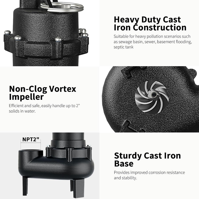 LANCHEZ 1HP 6600 GPH Submersible Sewage Pump, Heavy Duty Cast Iron Effluent Pump with Automatic Tethered Float Switch, Sump Pump for Sump Basin, Basement, Residential, 2" NPT Discharge