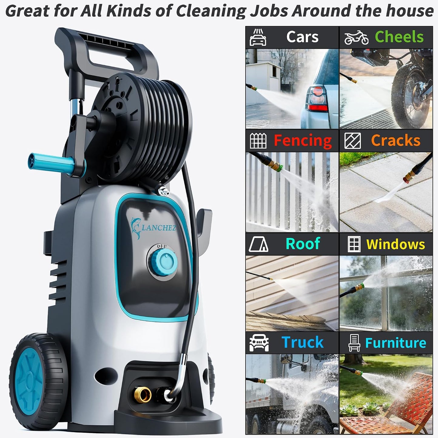 2026 Upgraded Pressure Washer 5000PSI with Luggage-Style Telescopic Handle, 4 Quick-Connect Nozzles, 500ML Soap Tank, Portable High-Power Cleaning Machine for Car, Fence, Driveway, Patio & Home,Blue