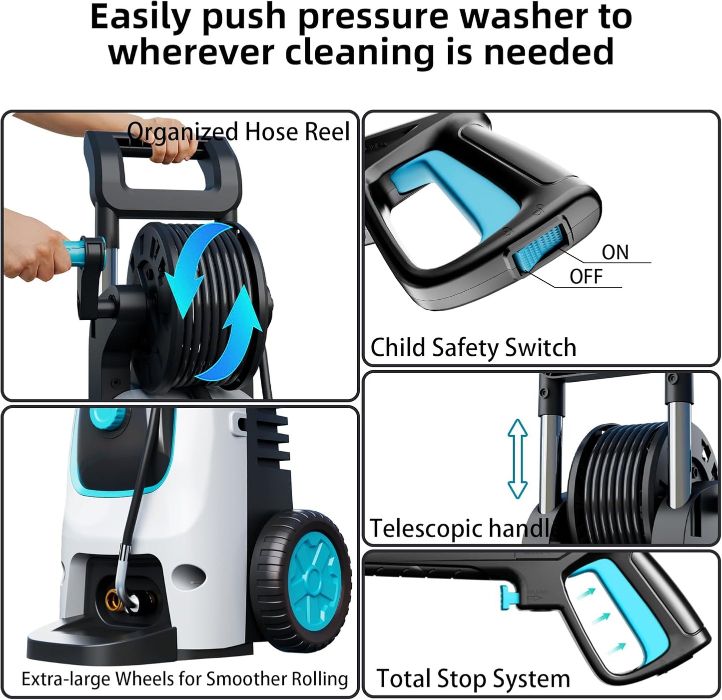 2026 Upgraded Pressure Washer 5000PSI with Luggage-Style Telescopic Handle, 4 Quick-Connect Nozzles, 500ML Soap Tank, Portable High-Power Cleaning Machine for Car, Fence, Driveway, Patio & Home,Blue