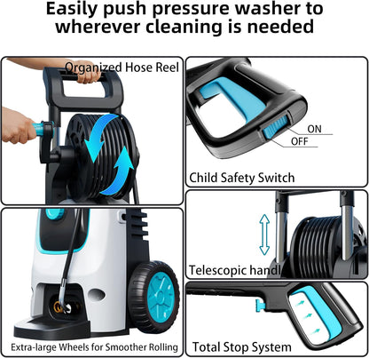 2026 Upgraded Pressure Washer 5000PSI with Luggage-Style Telescopic Handle, 4 Quick-Connect Nozzles, 500ML Soap Tank, Portable High-Power Cleaning Machine for Car, Fence, Driveway, Patio & Home,Blue