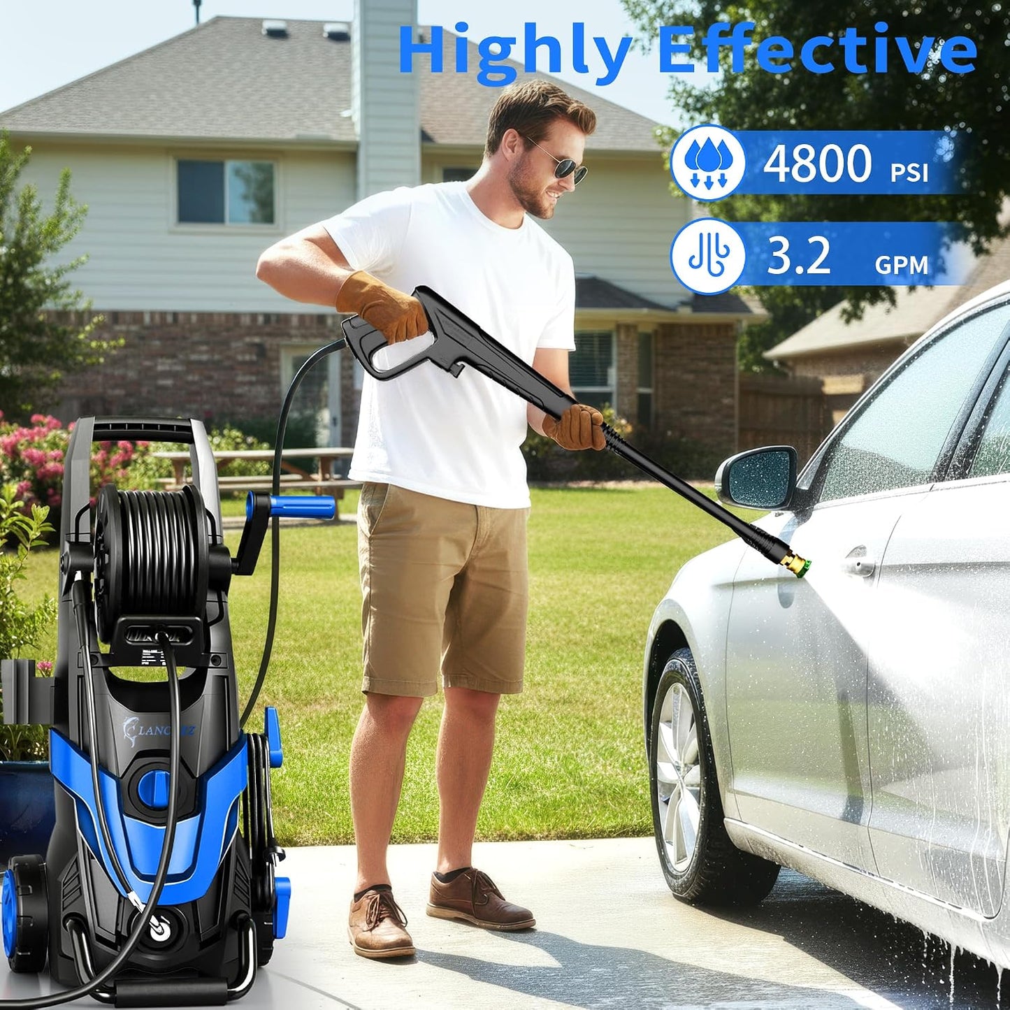 2026Upgraded Pressure Washer 4800PSI w/4 Quick Connect Nozzles, Inlet Hose & Filter&500ML Soap Tank, High Cleaning Machine for Cars/Fences/Driveways/Patios/Home Cleaning,Blue