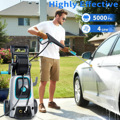 2026 Upgraded Pressure Washer 5000PSI with Luggage-Style Telescopic Handle, 4 Quick-Connect Nozzles, 500ML Soap Tank, Portable High-Power Cleaning Machine for Car, Fence, Driveway, Patio & Home,Blue