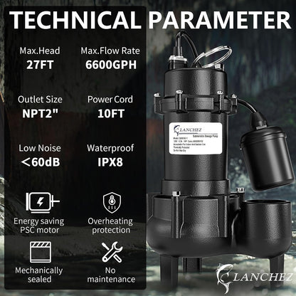 LANCHEZ 1HP 6600 GPH Submersible Sewage Pump, Heavy Duty Cast Iron Effluent Pump with Automatic Tethered Float Switch, Sump Pump for Sump Basin, Basement, Residential, 2" NPT Discharge