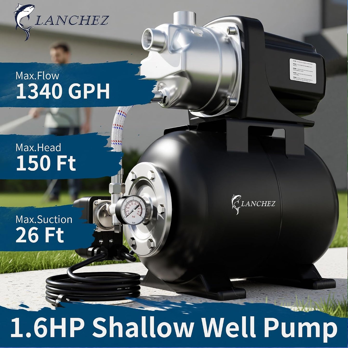 Lanchez 1.6HP Shallow Well Garden Pump, Stainless Steel Irrigation Pump, 1340 GPH, Automatic Water Booster Jet Pump for Home, Garden, Lawn,Irrigation, 115V, Matte black