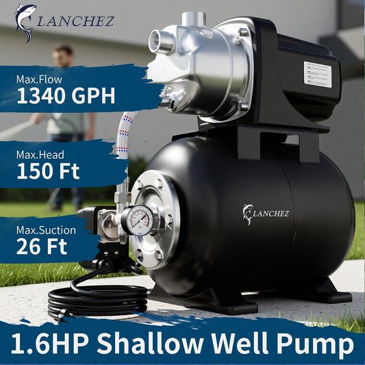 Lanchez 1.6HP Shallow Well Garden Pump, Stainless Steel Irrigation Pump, 1340 GPH, Automatic Water Booster Jet Pump for Home, Garden, Lawn,Irrigation, 115V, Matte black