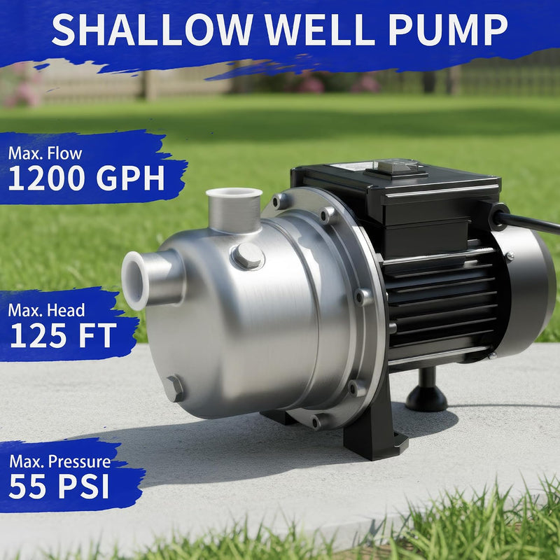LANCHEZ 1/2 HP Shallow Well Pump, 960 GPH Stainless Steel Water Transfer Pump, 115V Garden Irrigation Pump, Water Booster Jet Pump for Home Garden Lawn Farm, Black
