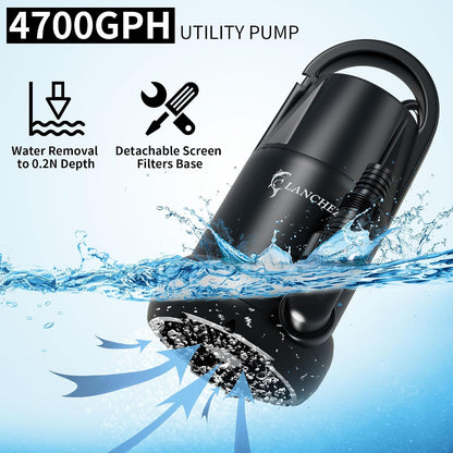 LANCHEZ Sump Pump 1 HP 4700 GPH Submersible Water Pump Thermoplastic Portable Utility Pump High Flow Water Removal for Swimming Pool Garden Pond Basement Window Wells with 25FT Long Power Cord