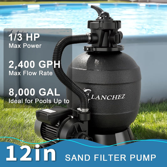 LANCHEZ Sand Filter Pump for Above Ground Pool, Pool Pumps Above Ground, Pool Sand Filter with 7-Way Valve, 12in(2,400GPH)